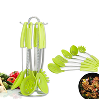 6 Pieces Stainless Steel Silicone Cooking Utensil Set with Premium Stand Cooking Spoon Spatula Soup Ladle Strainer Kitch