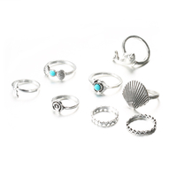 8Pcs Ethnic Turquoise Silver Ring Set Dolphin Hollow Geometr