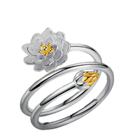 Silver Plated Adjustable Rings Lotus Charm Solid Flower