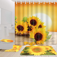 Sunflower Waterproof Polyester Shower Curtain Bathroom Carpet + Pedestal Rug + Toilet Seat Cover
