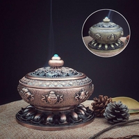 Vintage Alloy Cone Incense Burner Holder Bowl with Lid Base Home Buddhism Decorations