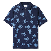 Butter Goods Navy/Pale Blue Flower Zip Polo - X-Large