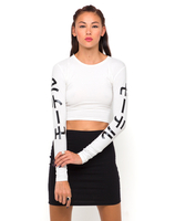 Motel Bonnie Long Sleeve Crop in White Japanese Writing