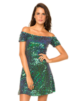Motel Catalina Off The Shoulder Dress in Iridescent Green