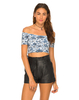 Motel Dana Off The Shoulder Crop Top in Wall Paper Blue and White