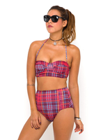 Motel Longline Bikini in Tartan Red