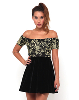 Motel Lucinda Velvet Off Shoulder Dress in Black and Gold