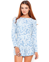 Motel Molly Long Sleeve Playsuit in Blue Paisley Print