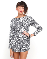 Motel Molly Long Sleeve Playsuit in White and Black Paisley