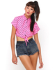 Motel Penny Tie Front Crop Shirt in Black and Pink Polka Dot