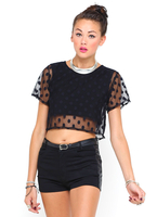 Motel Tilly Sheer Crop T in Black Polka Dot Net
