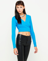 Motel Wrap Plunge Neck Crop Top in Turquoise Spandex