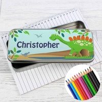 Dinosaur Pencil Tin with Pencil Crayons